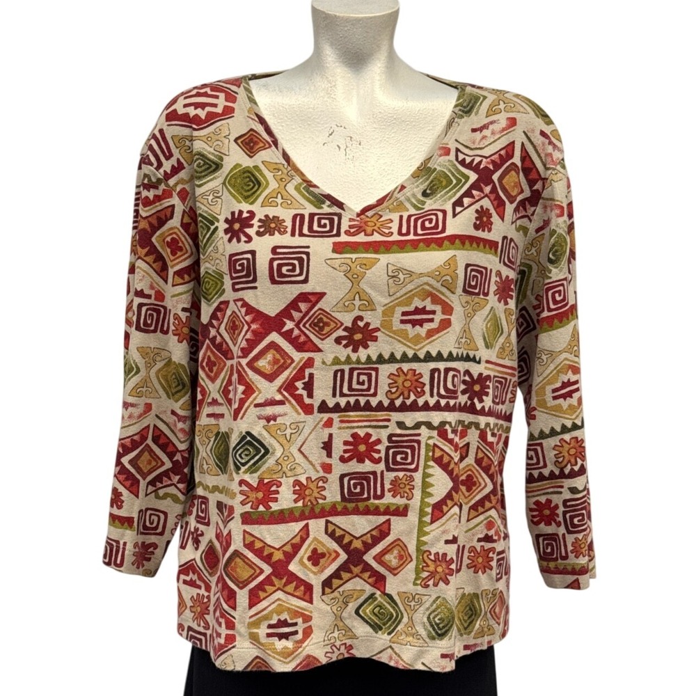 Chico's Size 3 Colorful Geometric Print 3/4 Sleeve V-Neck Knit Top